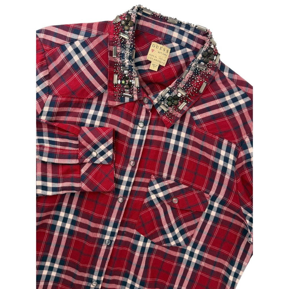 GUESS Womens Red Plaid Embellished Collar Western Snap Button Shirt Sz L Snaps